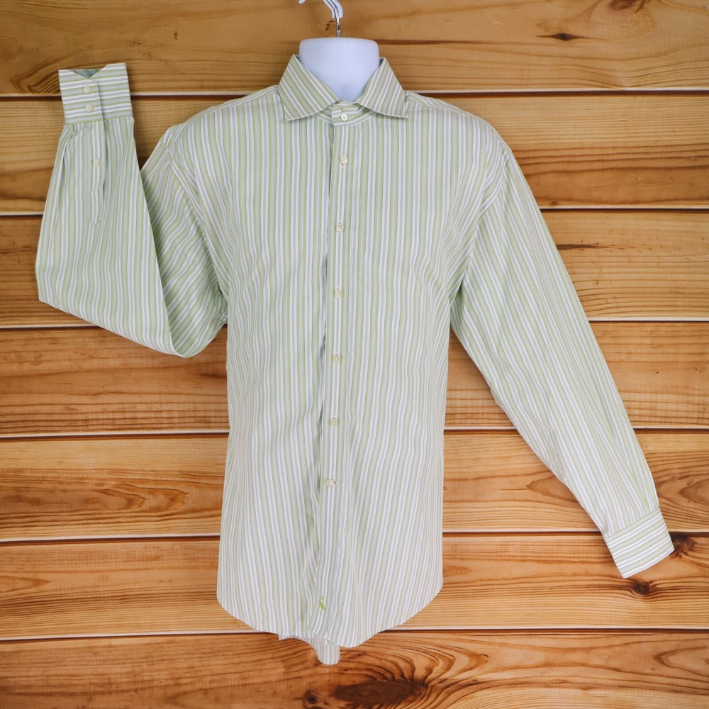 Tailorbyrd Dress Shirt Mens Sz XL Green White Striped 100% Cotton Spread Collar
